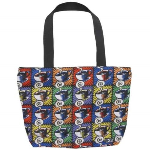 Multi-Coffee Mug Images Tote Bag Carrier with Black Handles