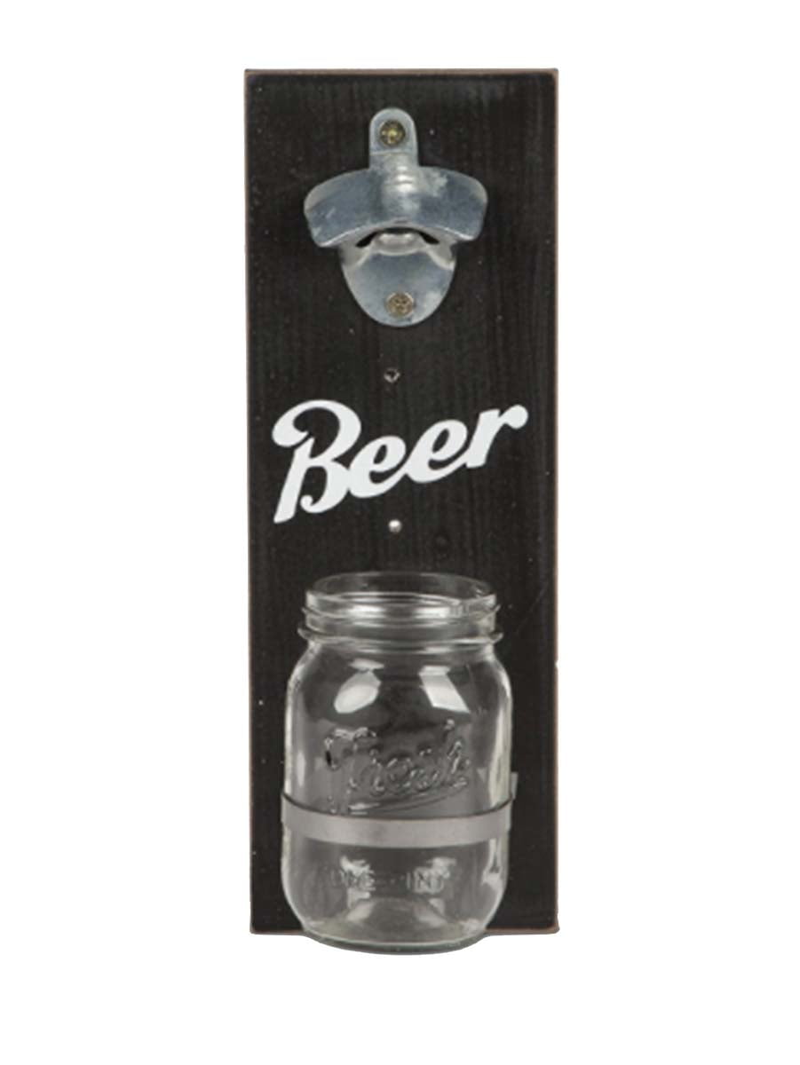 Gerson 12.63"H x 4.25"L Black Wood Beer Sign With Attached Bottle Opener And Mason Jar Cap Catcher