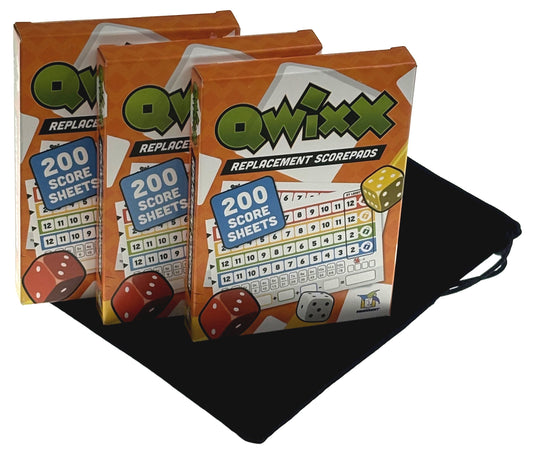 QWIXX 3 (New Design) Replacement Score Pad Boxes Bundle - 600 Score Sheets (Score Cards) - Bonus Hickoryville Velour Storage Bag
