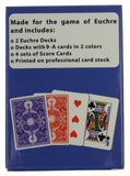 Euchre Card Game - 4 Specialty Decks Pre-Stripped to 24 Cards (9 Thru Ace) for Classic American Euchre - Custom Blank Counter Cards Included. 2 Blue and 2 Red Decks.