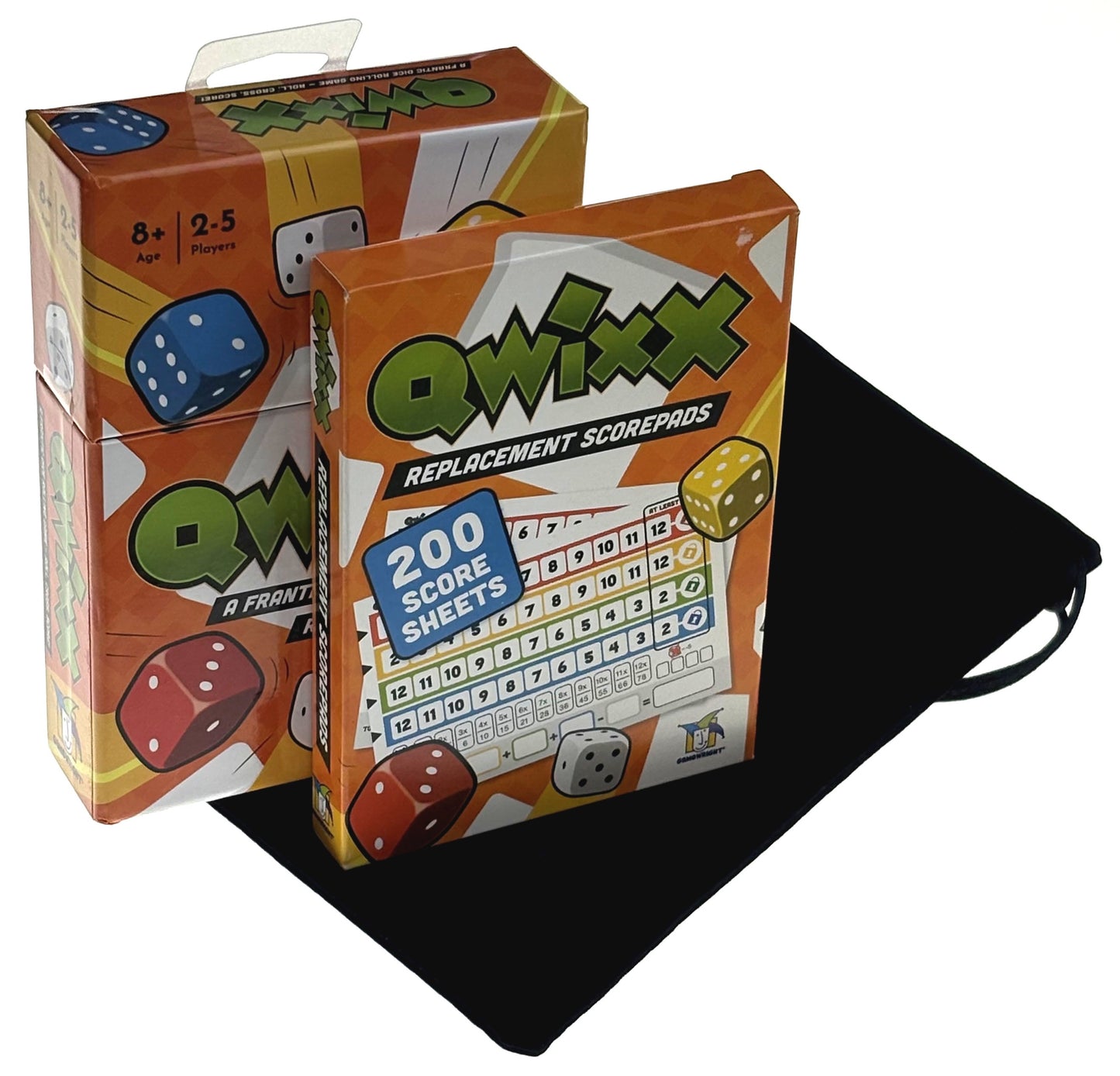 Qwixx Game & Replacement Score Pads Bundle With Hickoryville Velour Drawstring Bag