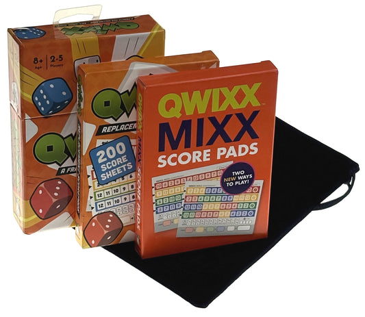 Qwixx Game, Qwixx Score Pads & Qwixx Mixx Bundle - New Design