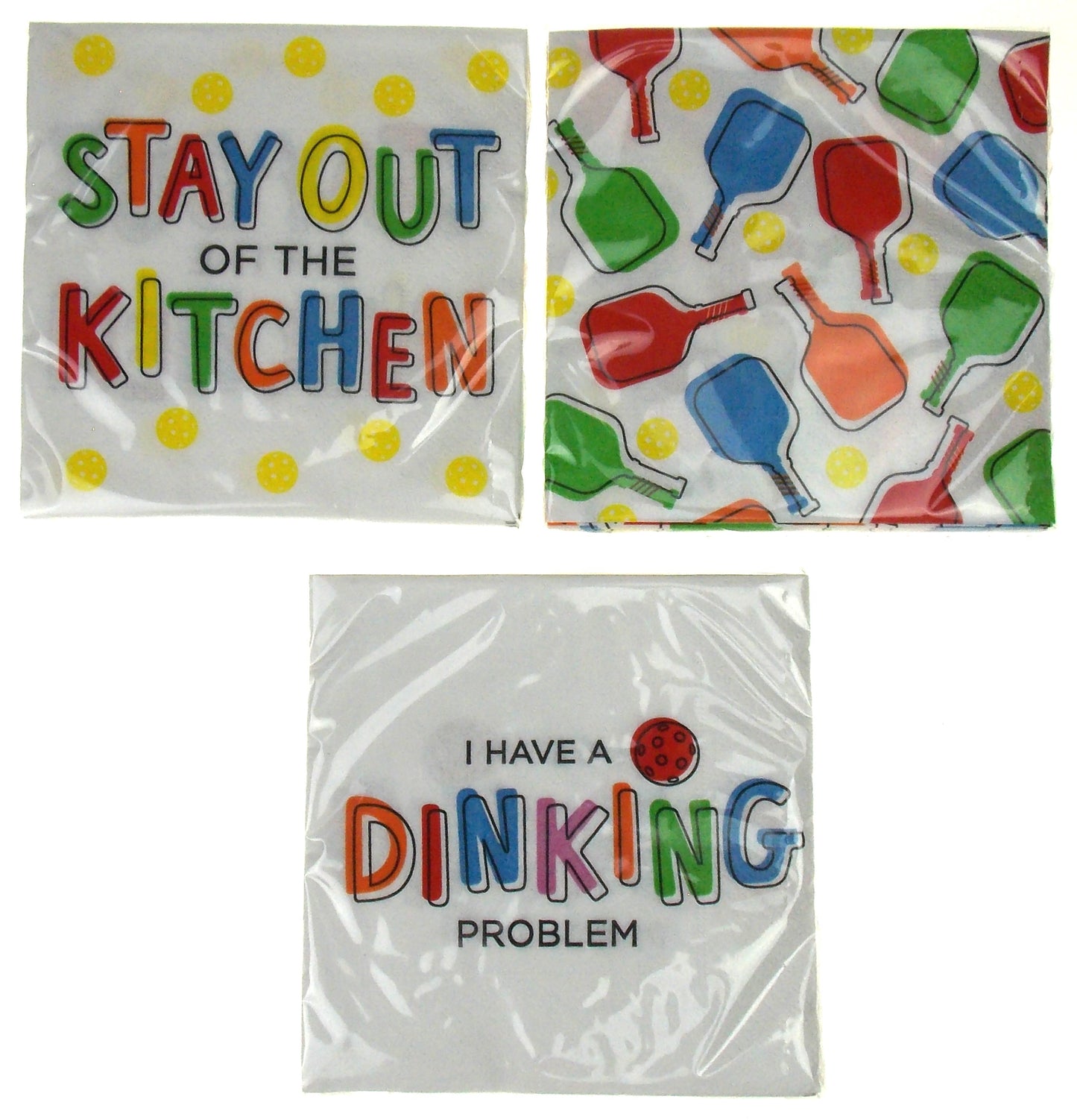 Pickleball Themed Beverage Cocktail Napkins Bundle (3 Designs) - 5x5 Inch Square - 3 Packages (60 Napkins Total)