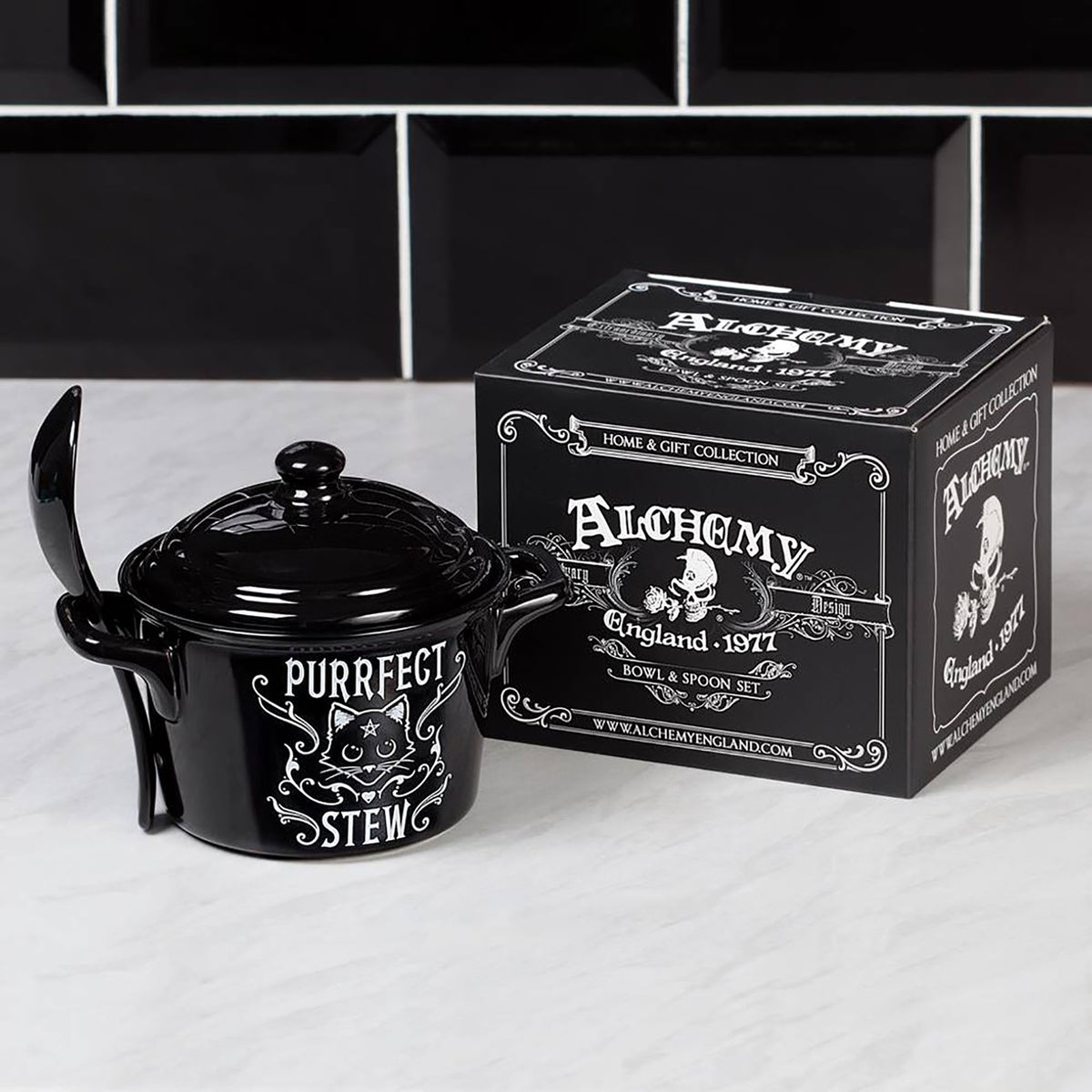 Alchemy Gothci Black Purrfect Stew Eat Bowl and Spoon Set