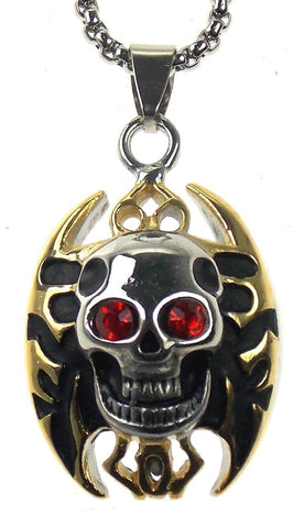 Skull Necklace Stainless Steel Gold Silver 22" Chain Gothic Red Eyes Flames Gems