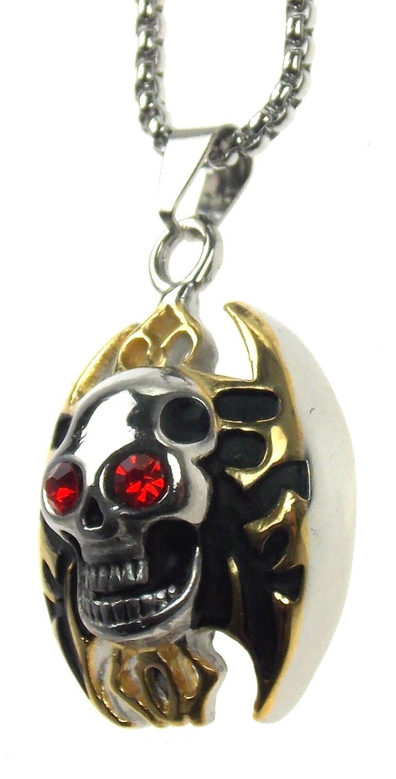 Skull Necklace Stainless Steel Gold Silver 22" Chain Gothic Red Eyes Flames Gems
