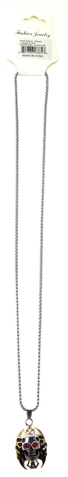 Skull Necklace Stainless Steel Gold Silver 22" Chain Gothic Red Eyes Flames Gems