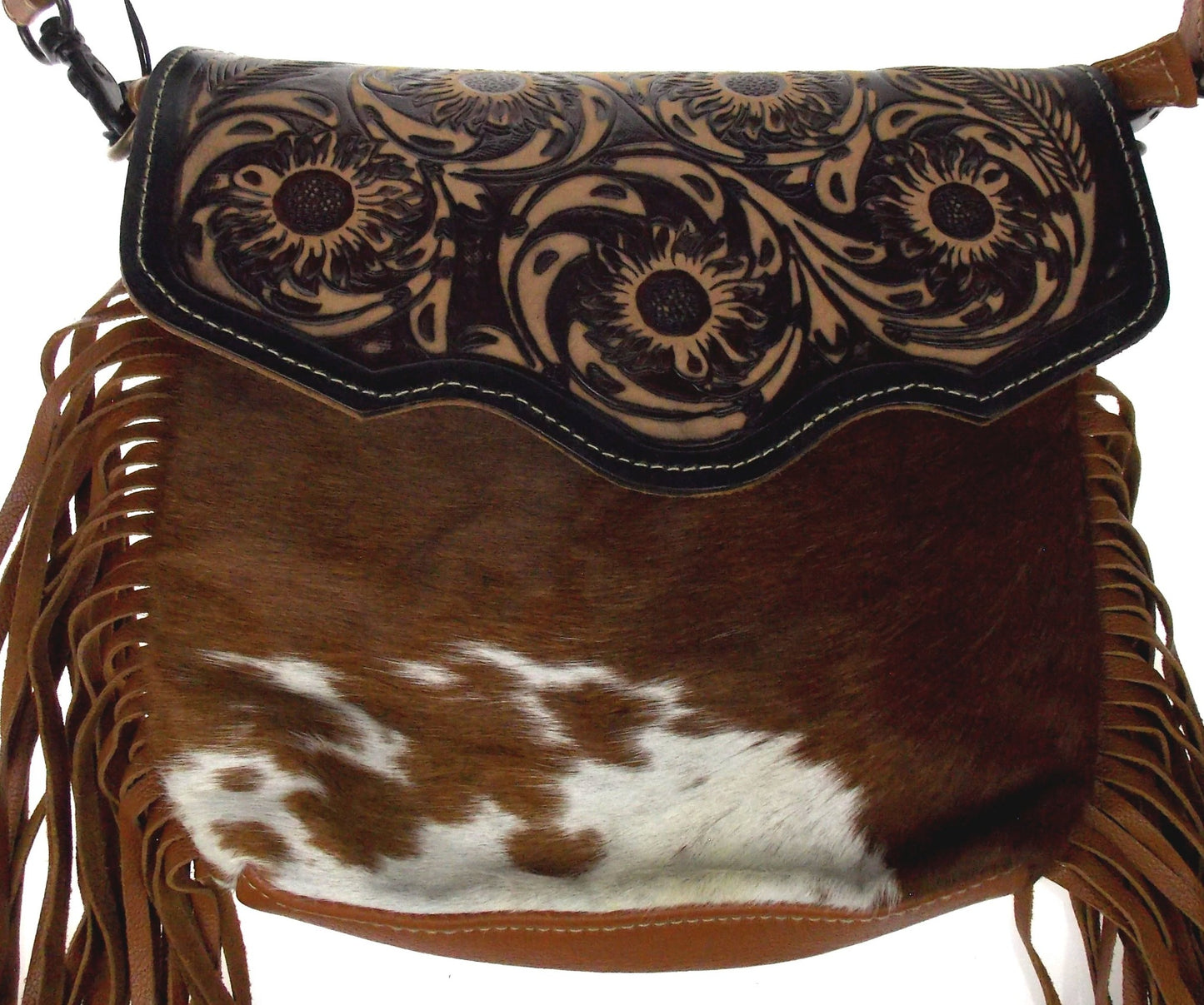 Myra Bag Brown Blossom Hand Tooled Leather Hairon Handbag Eco Friendly Up Cycled