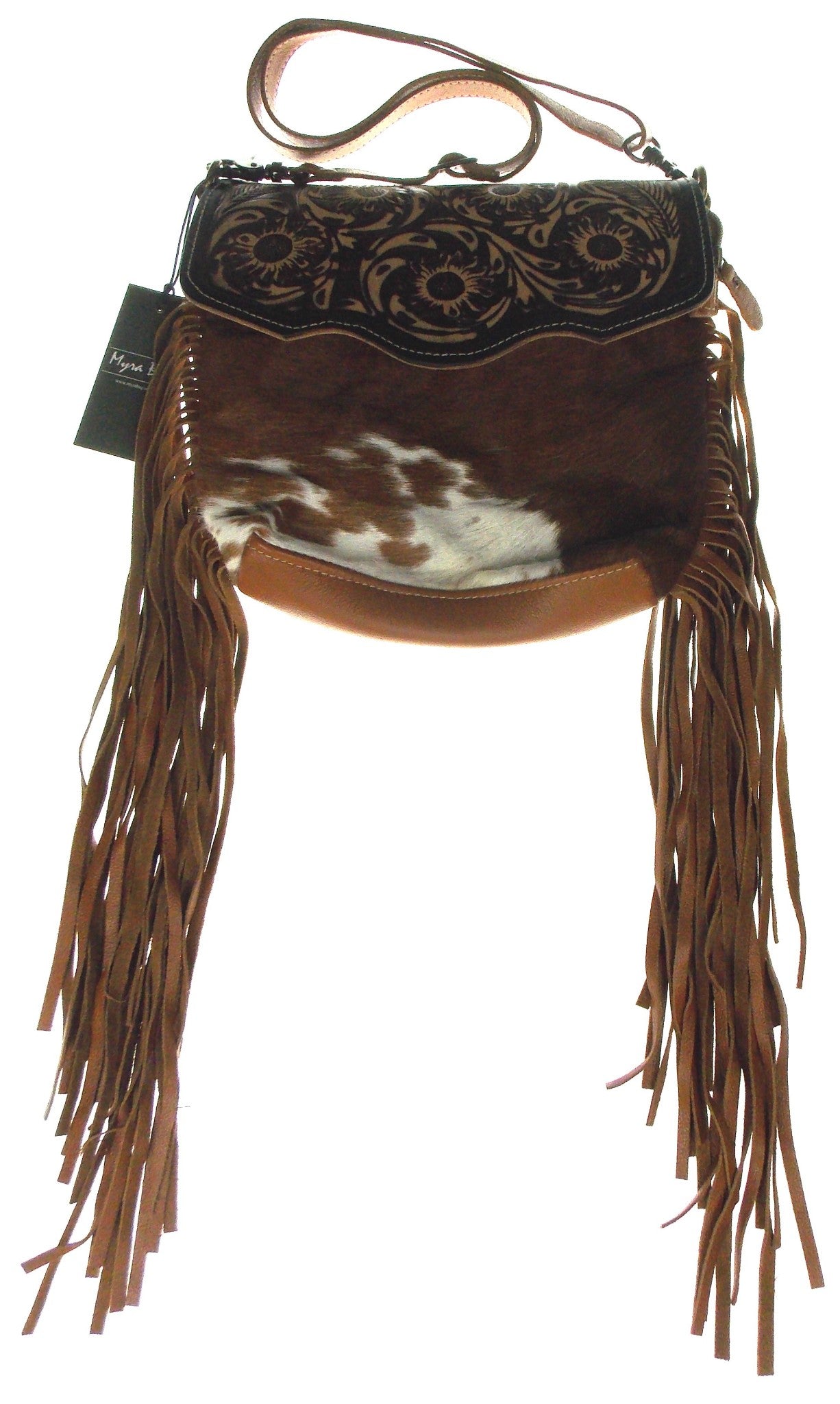 Myra Bag Brown Blossom Hand Tooled Leather Hairon Handbag Eco Friendly Up Cycled
