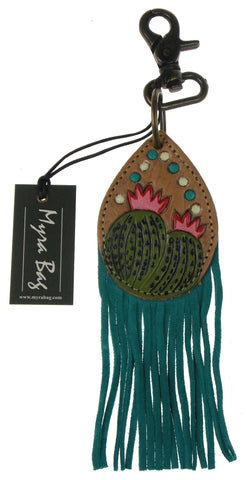 Myra Bag Turquoise Leather Key Chain Fob Cactus Stamped Image Handcrafted Gift