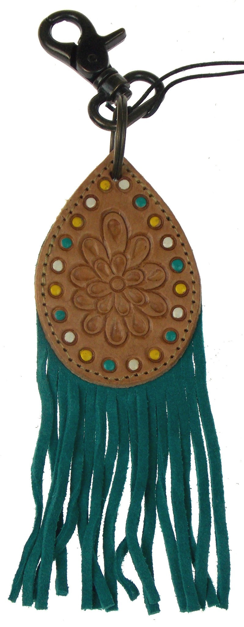 Myra Bag Turquoise Leather Key Chain Fob Dots Stamped Flower Handcrafted Gift