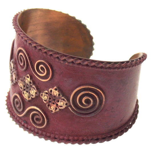 Anju Copper Patina Collection Cuff Bracelet Burgundy Spirals Handcrafted India