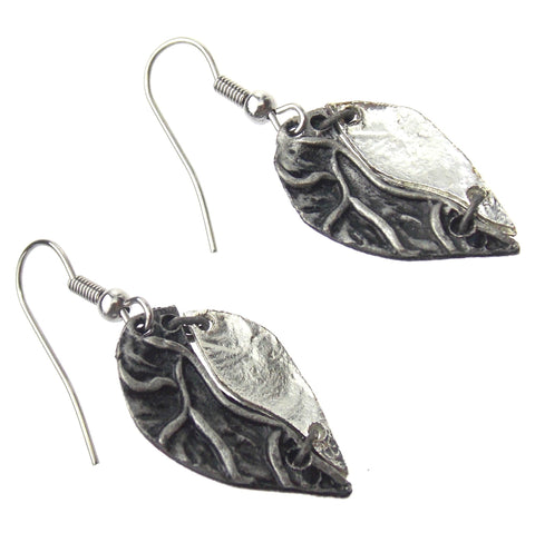 Anju Pewter Leaf Shaped Earrings Handcrafted Dangle Hook Boho Two Tone Natural