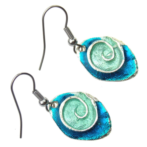 Anju Pewter Spiral Earrings Teal Aqua Enamel Handcrafted Dangle Christmas Gift