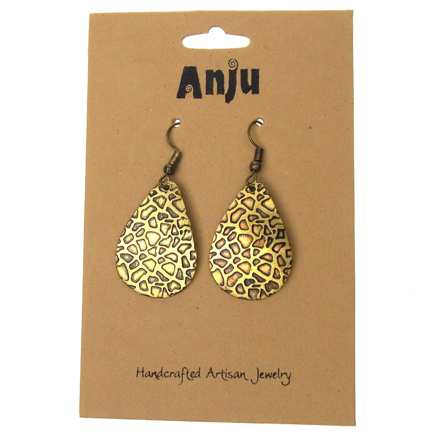 Anju Brass Teardrop Shaped Earrings Giraffe Animal Print Handcrafted Brass Hang