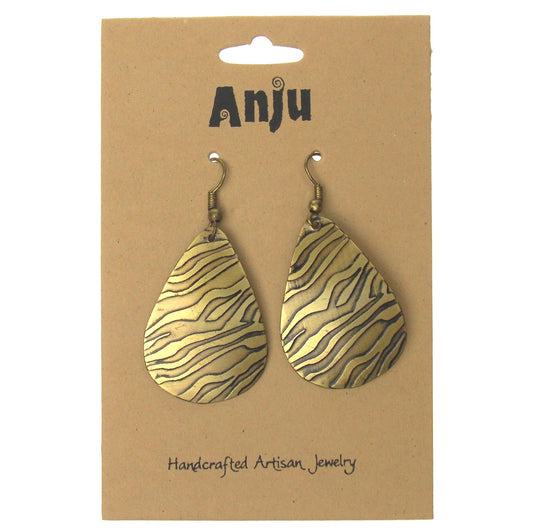 Anju Brass Teardrop Earrings Zebra Animal Print Handcrafted Brass Dangle Gift