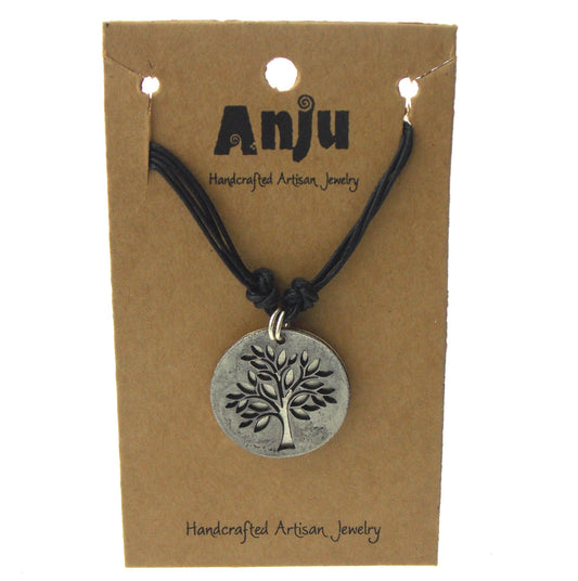 Anju Tree of Life Pewter Necklace Artisan Handcrafted Medallion Charm Black Cord