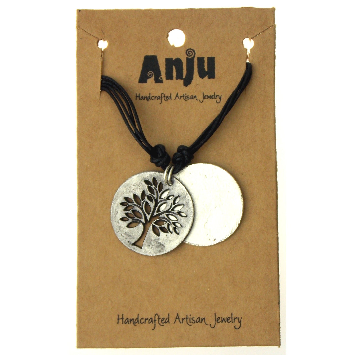Anju Tree of Life Pewter Necklace Artisan Handcrafted Medallion Charm Black Cord