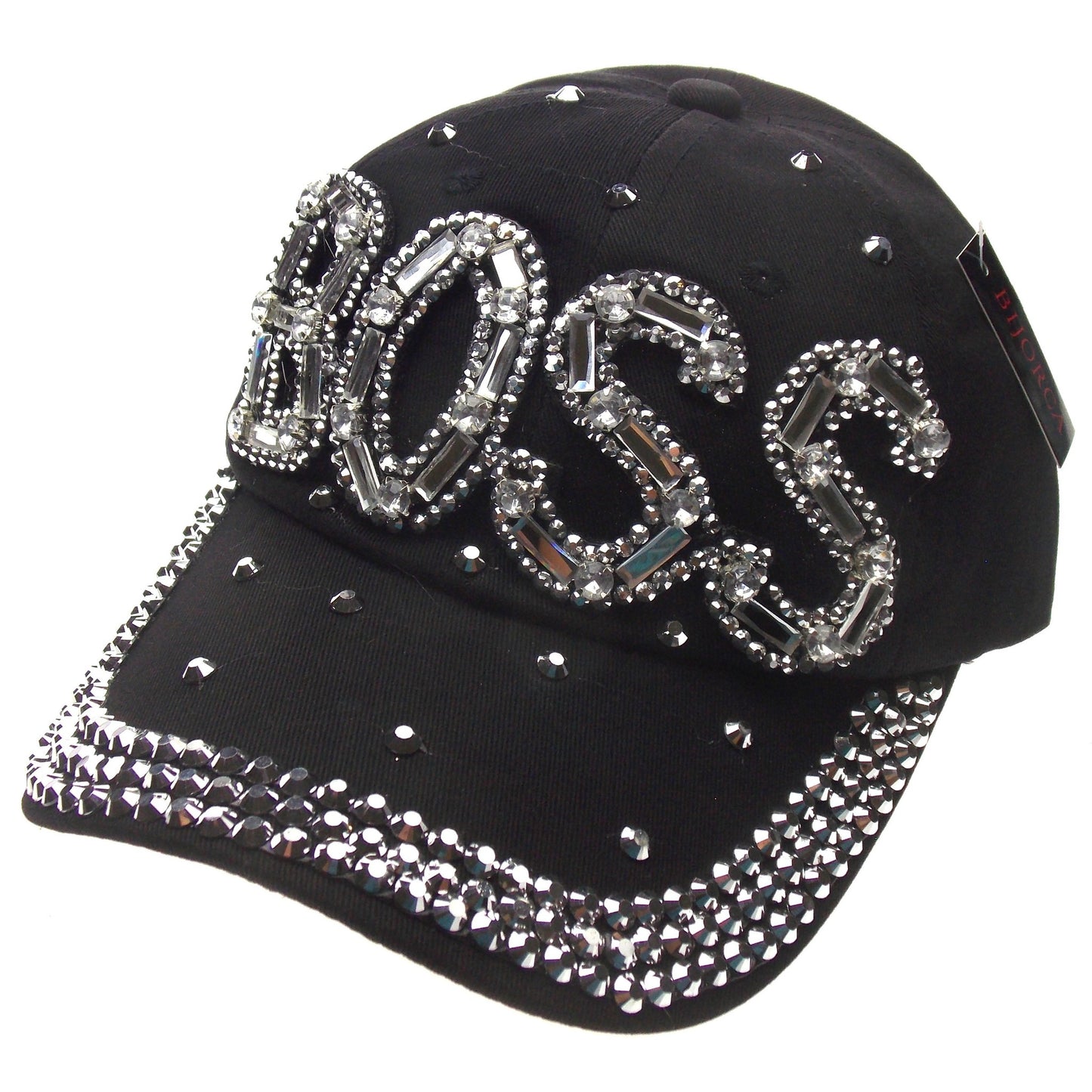 Silver Boss Cap Bling Bedazzled Black Baseball Hat Adjustable Gems Beads Fashion