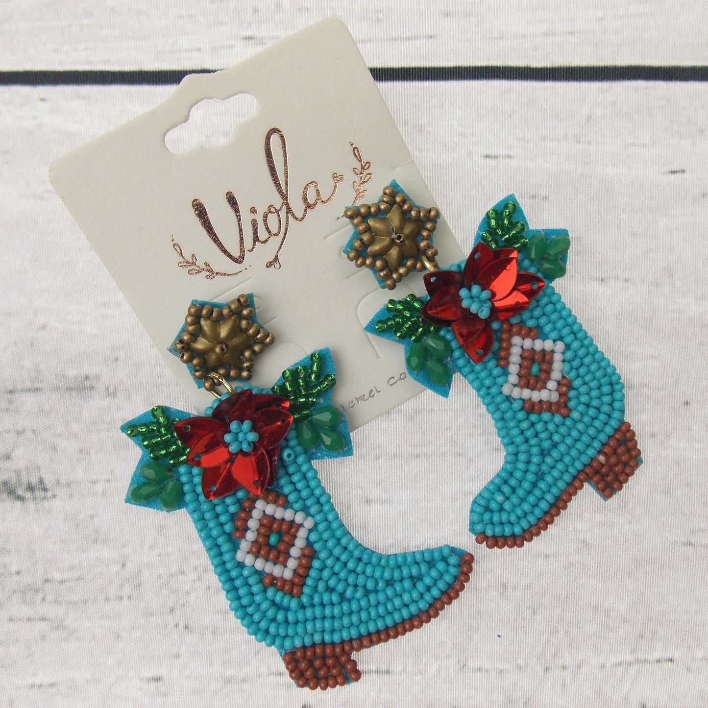 Viola Seed Beads Blue Boots Holiday Earrings Handcrafted Bling Boho Dangle Xmas