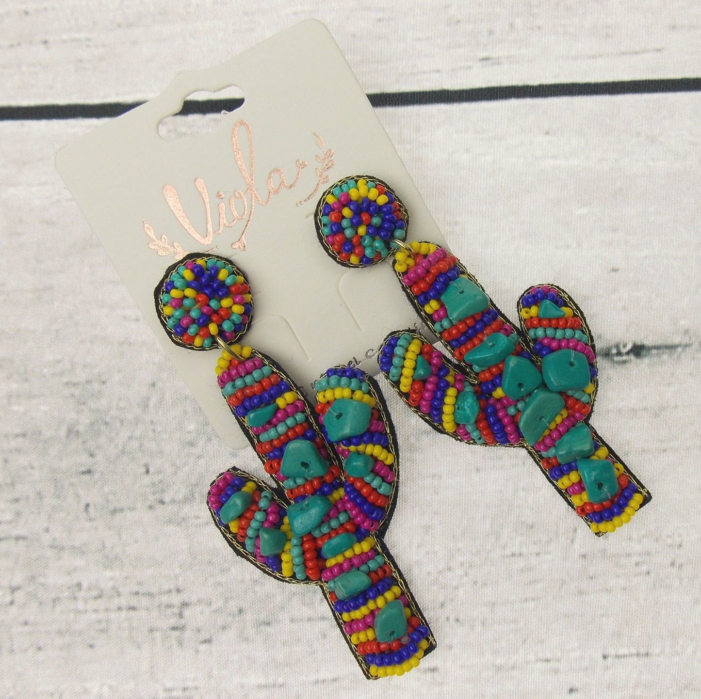 Viola Seed Beads Cactus Succulent Holiday Earrings Handcrafted Bling Boho Dangle