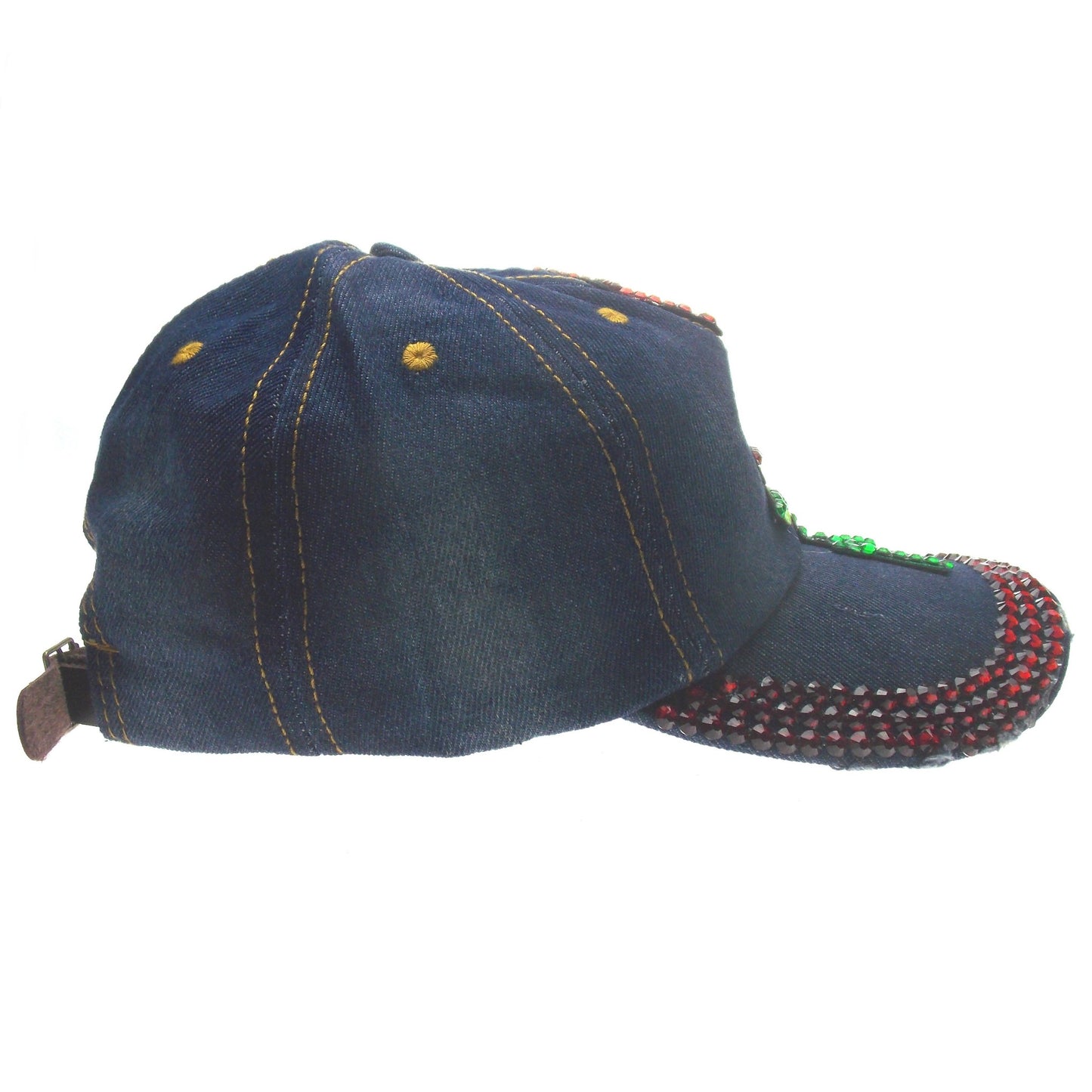 Hat Red Rose Bling Bedazzled Blue Denim Distressed Baseball Adjustable Embroider