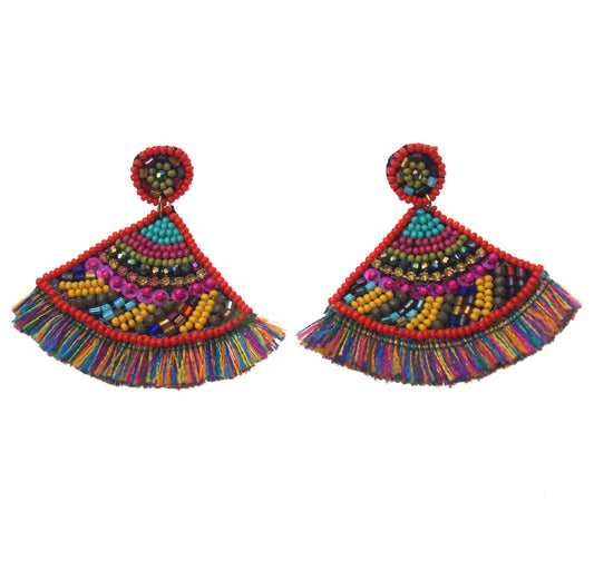Viola Seed Beads Fan Shaped Earrings Handcrafted Bling Boho Dangle Tassels Gems