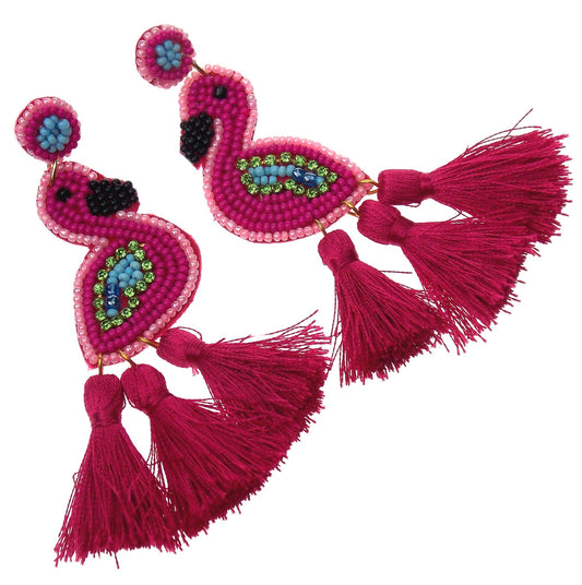 Viola Seed Beads Flamingo Earrings Tassels Handcrafted Bling Boho Fringe Dangle