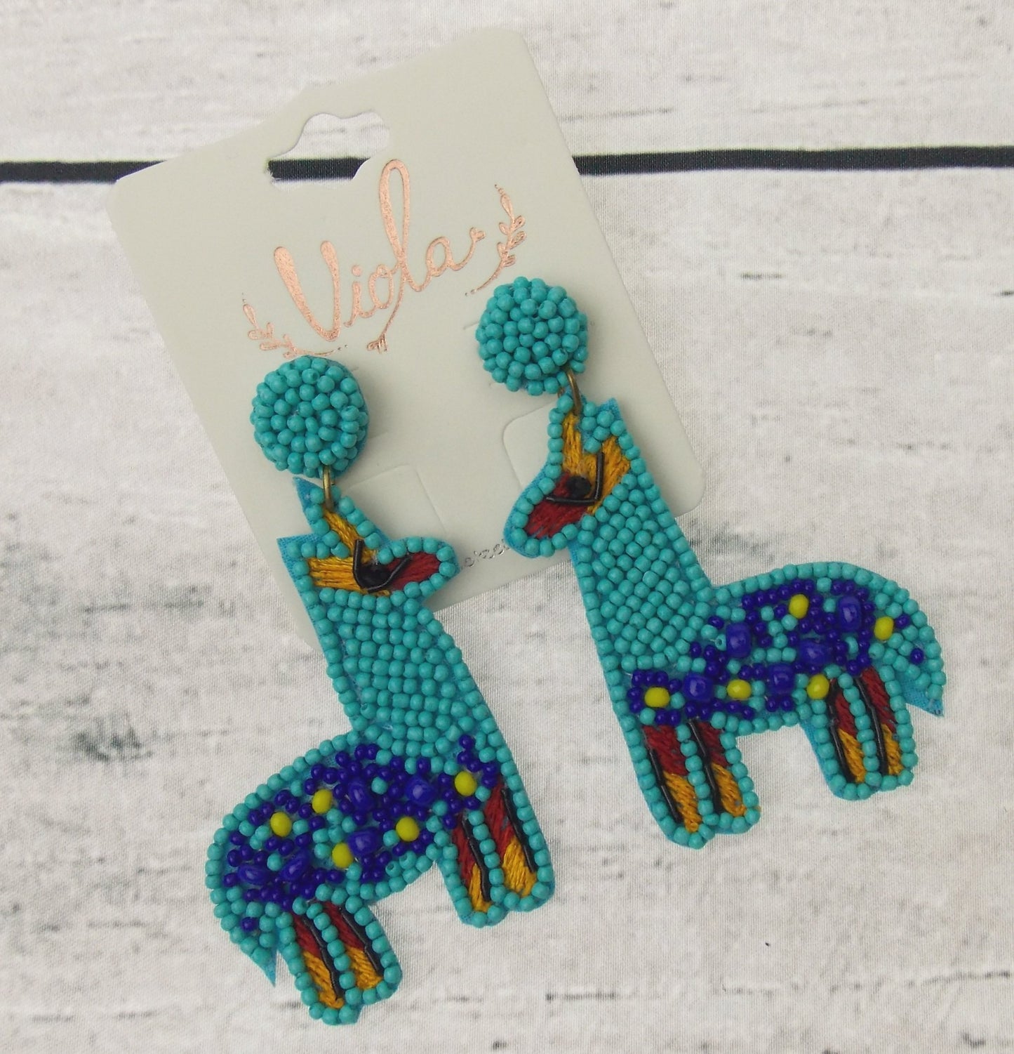 Viola Seed Beads Llama Earrings Handcrafted Bling Boho Dangle Blue Southwestern