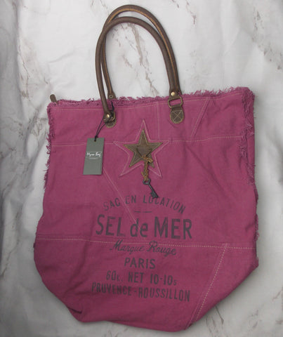 Myra Bag Popping Pink Weekender Handbag Denim Leather Key Handcrafted Purse Tote