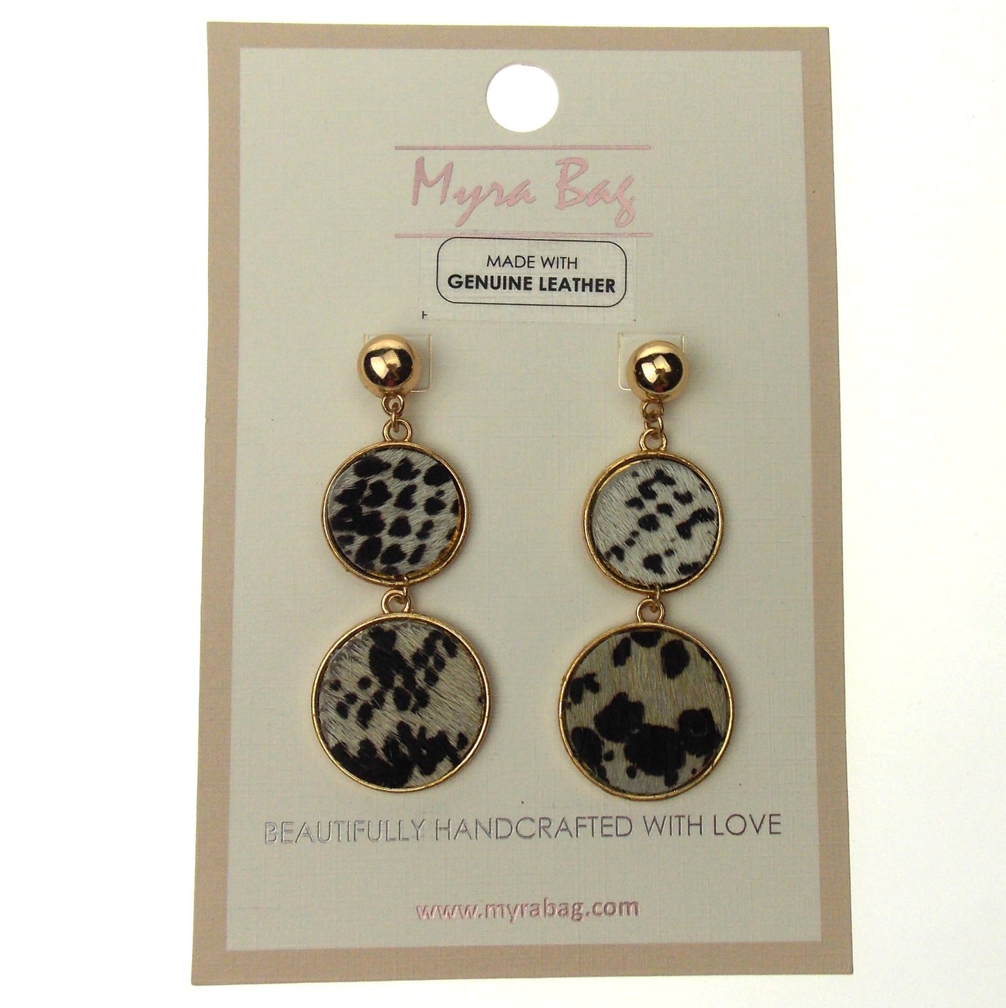 Myra Bag White Black Print Dangling Earrings Genuine Leather Handcrafted Boho