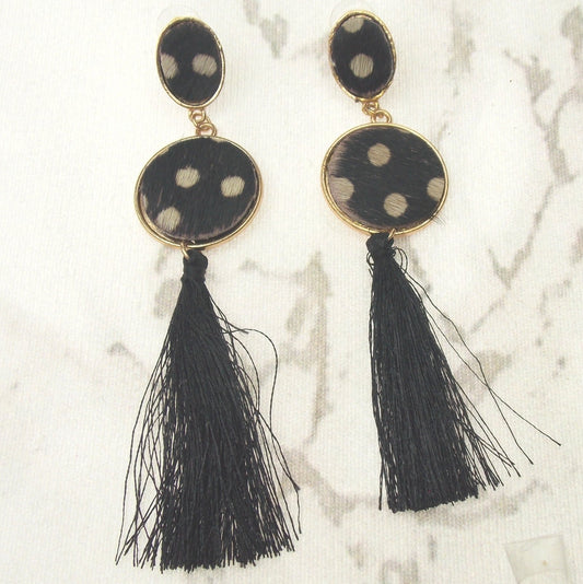 Myra Bag Black Frill Dangling Earrings Genuine Leather Handcrafted Boho Hook