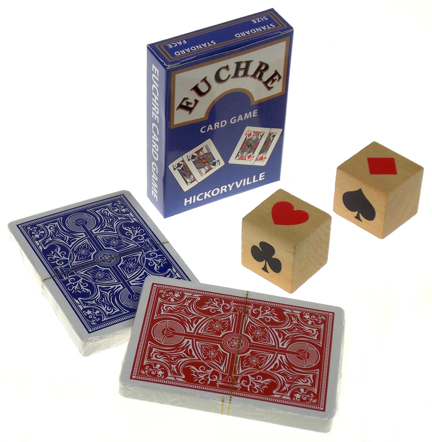 Deluxe Euchre Playing Cards Bundle - 2 Euchre Decks in 1 Box, 2 Suit Marker Dice & Velour Storage Bag
