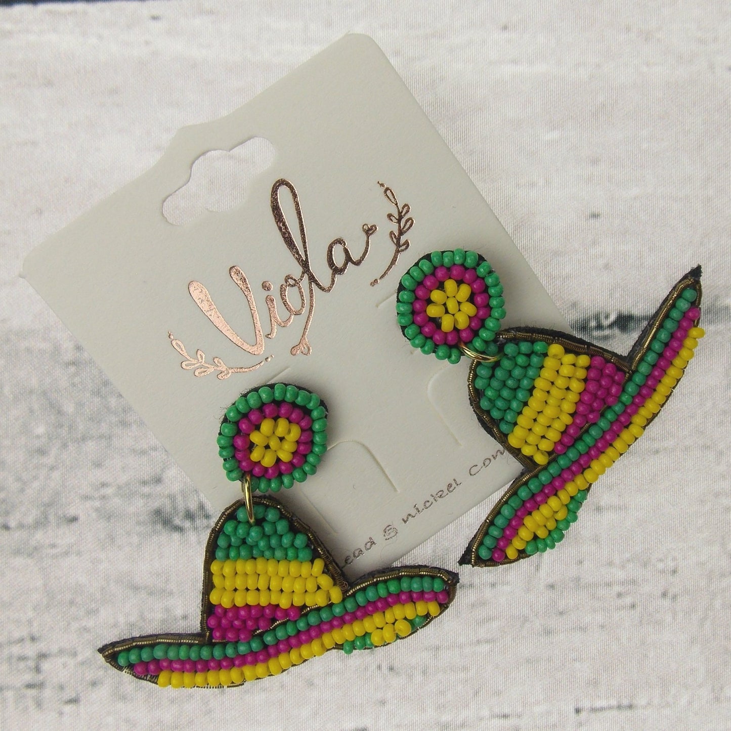 Viola Seed Beads Sombrero Hat Earrings Mexican Handcrafted Bling Boho Dangle