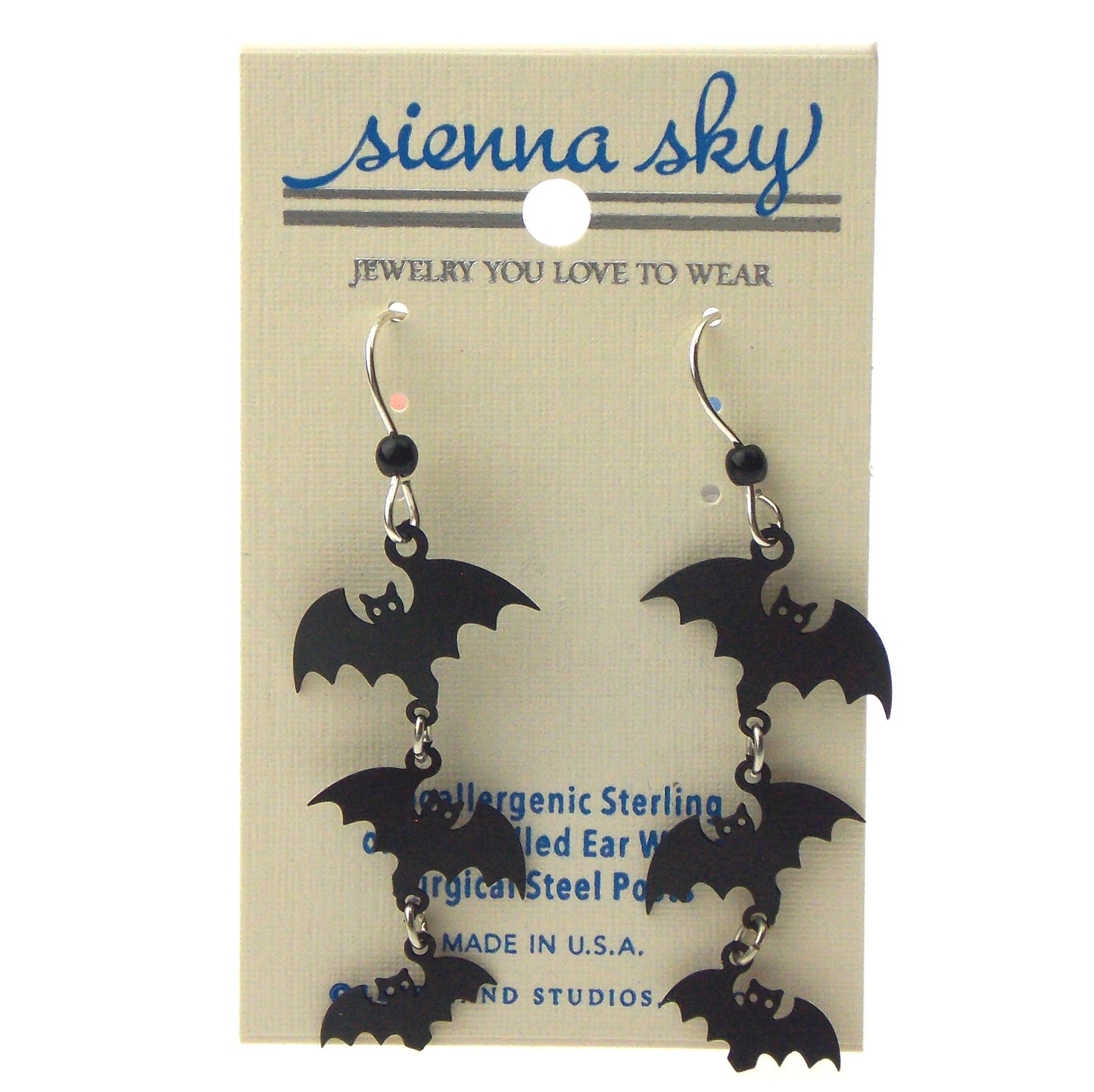 Sienna Sky Black Bat Earrings 3D Hypoallergenic Sterling Silver Dangle Day Dead
