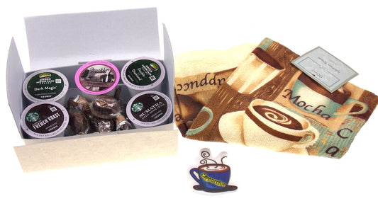 Coffee Lovers Gift Set - Coffee K-Cups, Espresso Fudge, Coffee Towel & Magnet