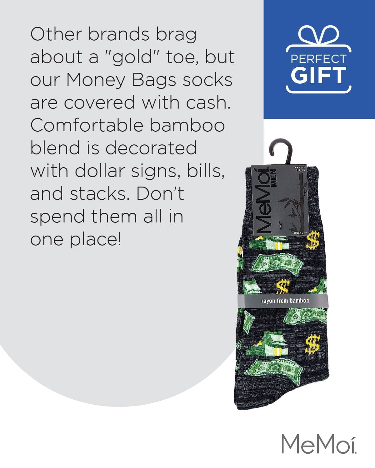 MeMoi Money Bags Cash Print Bamboo Blend Men's Crew Socks - Mens - Male, 10-13, Navy Blazer