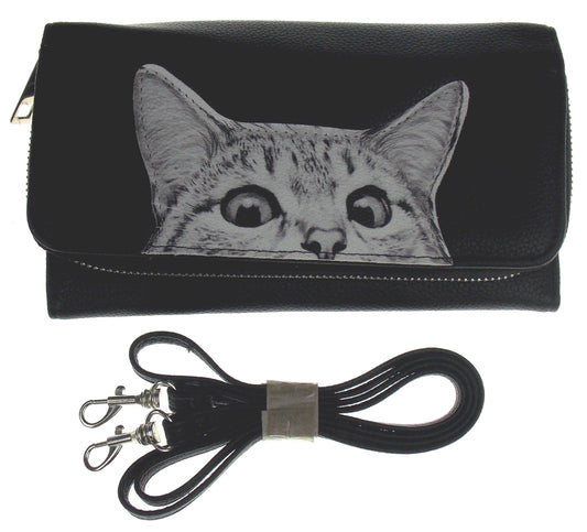 Comeco  Peeking Cat Wallet Black White Zip Up Strap Gift Purse Book Shaped