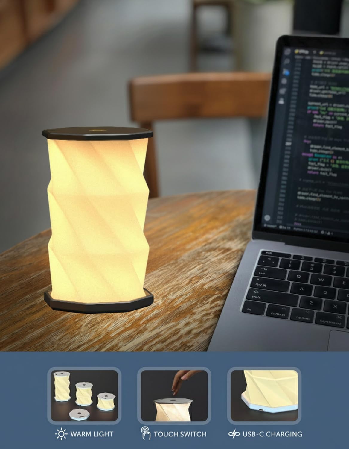 Black Mini Collapsable and rechargable lamp with dimmable light for desk night stand or travel