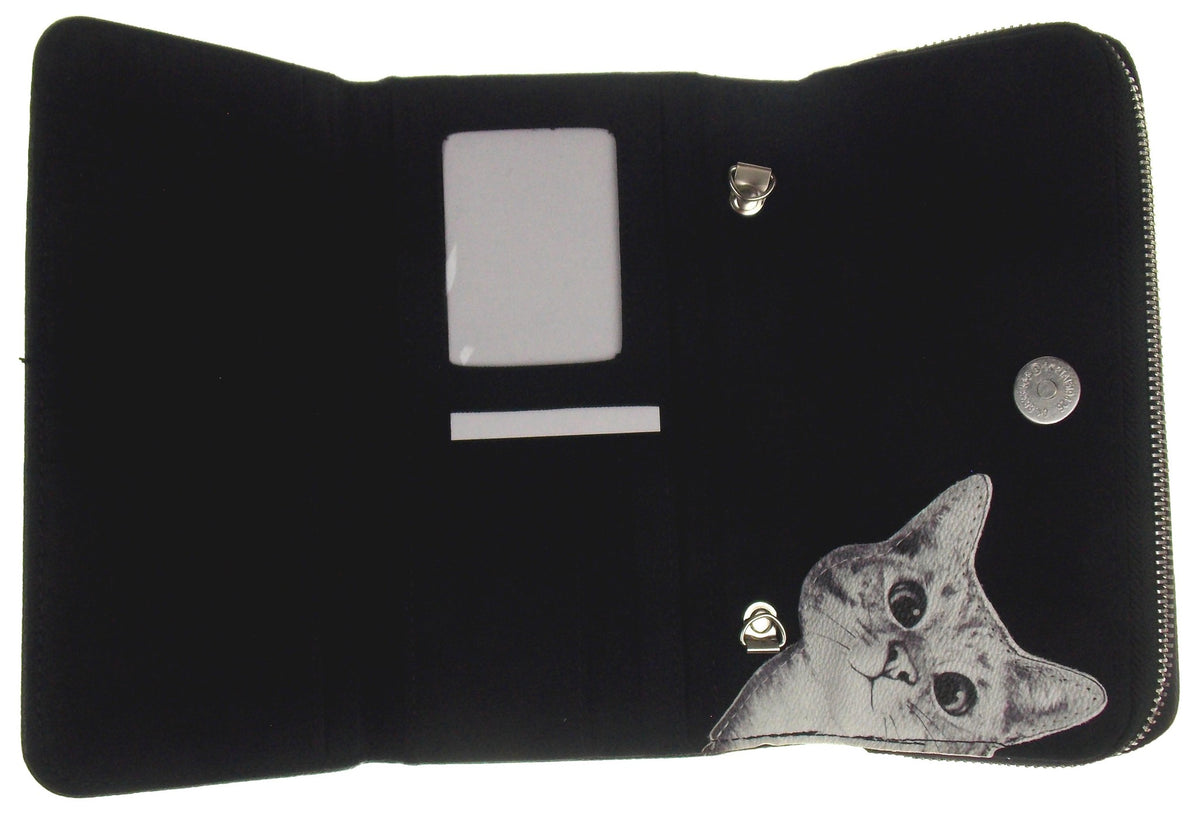 Comeco  Peeking Cat Wallet Black White Zip Up Strap Gift Purse Book Shaped