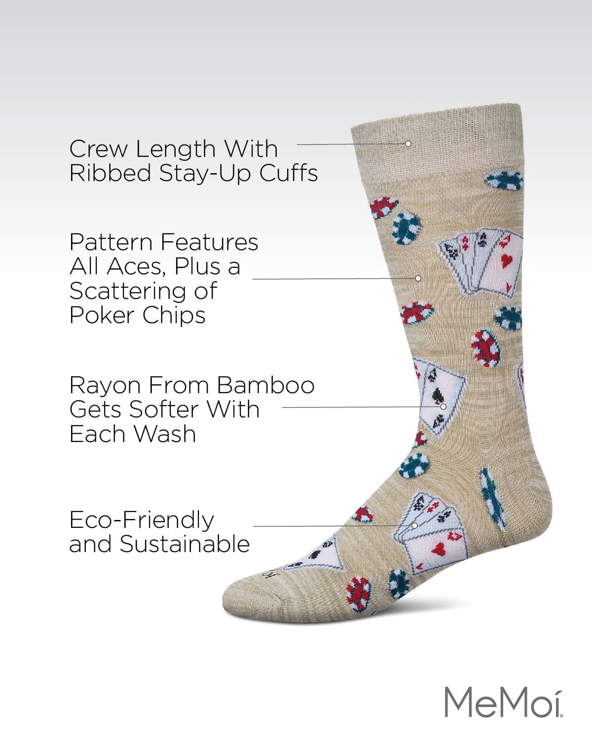 MeMoi Poker Face Playing Card Bamboo Blend Men's Crew Socks - Mens - Male, 10-13, Crockery