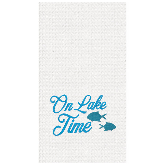 On Lake Time Cotton Embroidered Waffle Weave Kitchen Towel