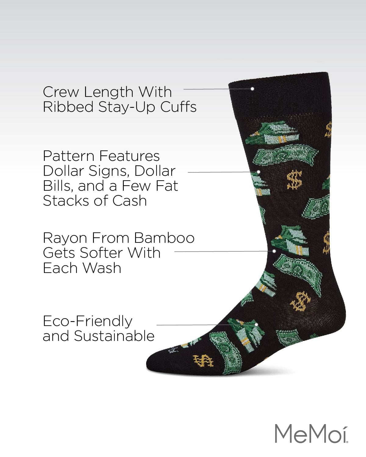 MeMoi Money Bags Cash Print Bamboo Blend Men's Crew Socks - Mens - Male, 10-13, Black