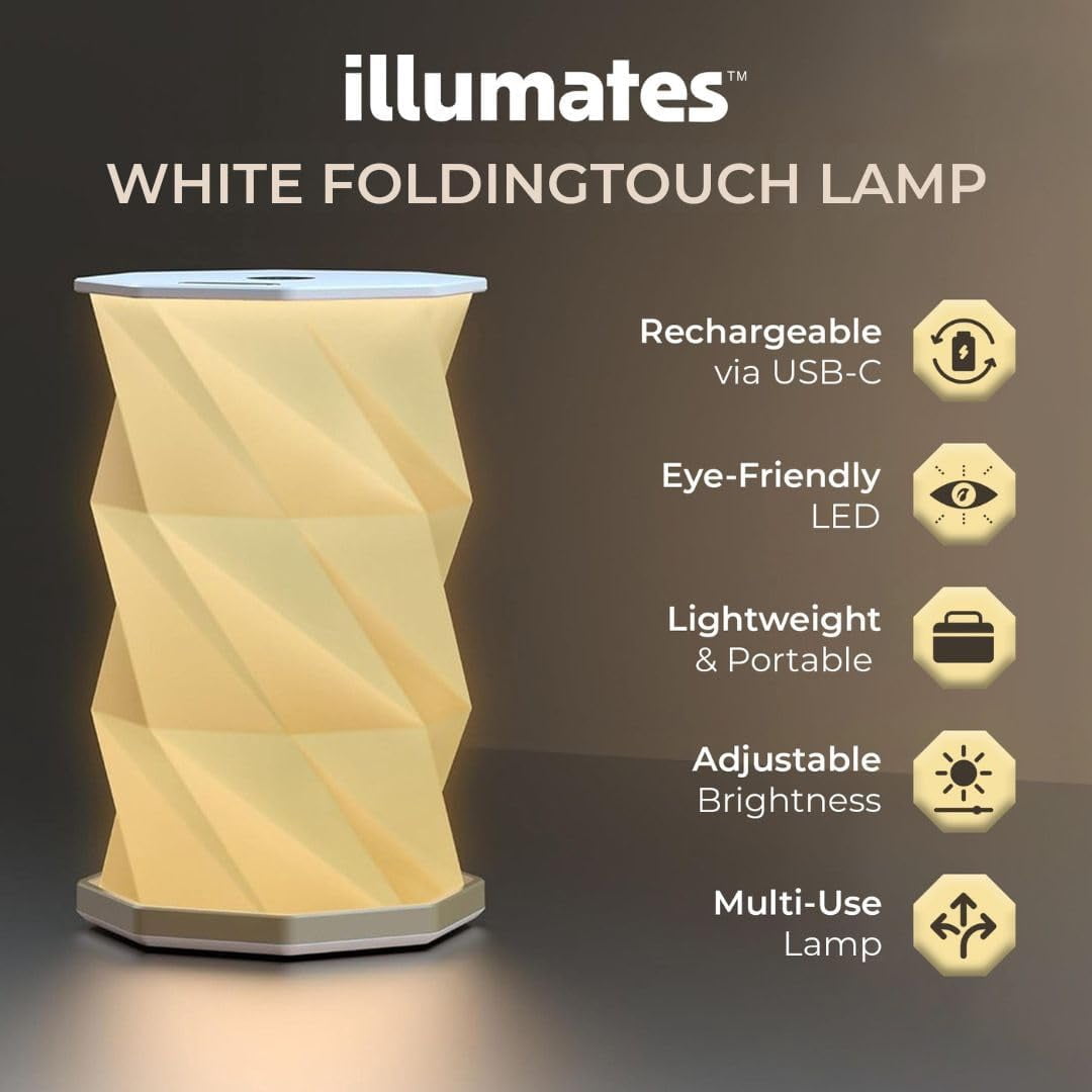 Foldable LED Desk Lamp â€“ USB Rechargeable & Portable - Dimmable Touch Control Light with Adjustable Height up to 8.25" for Office, Travel, Bedside - Sleek & Modern Design (White)