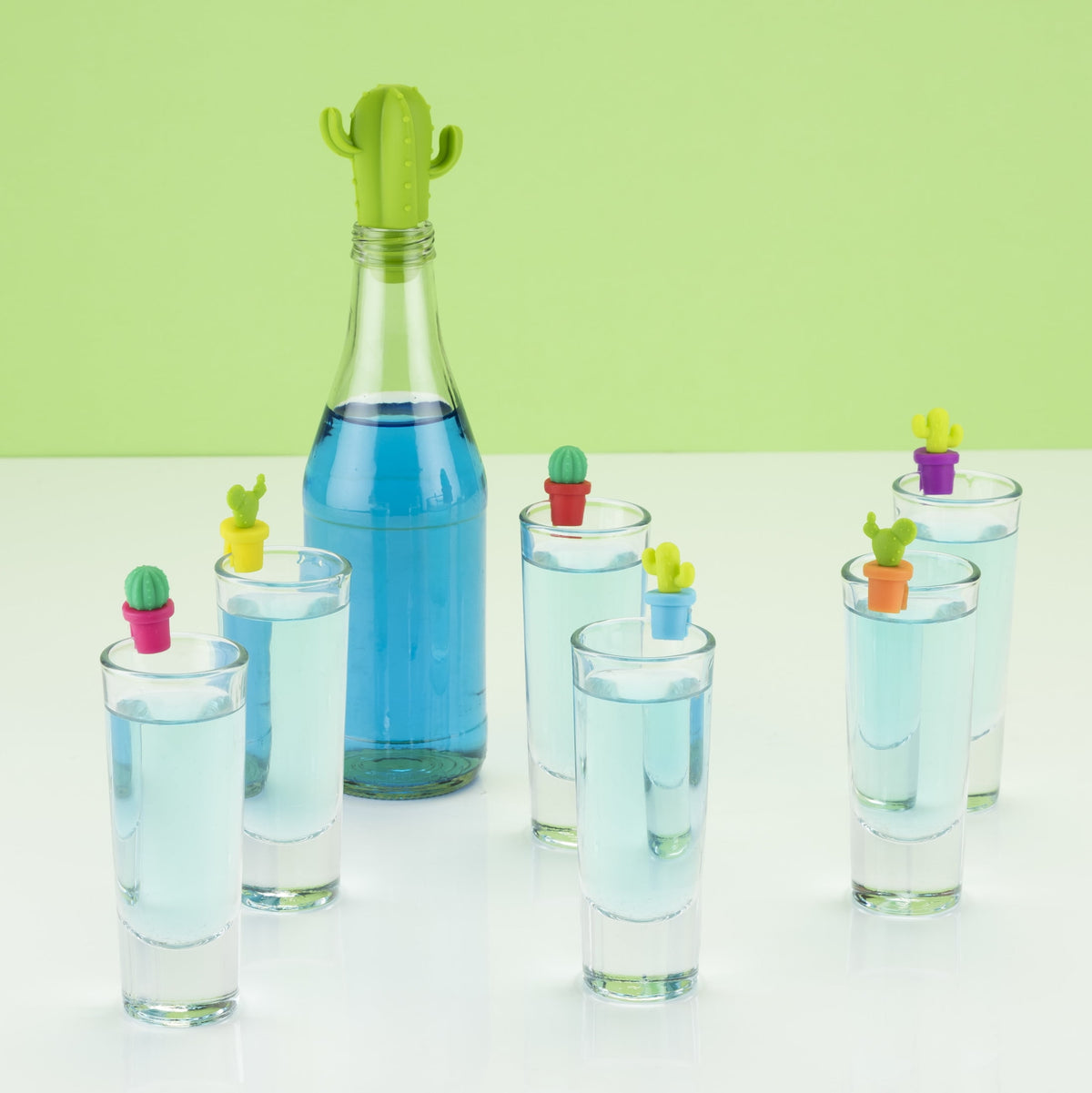 True Zoo Cactus Wine Glass Charms & Bottle Stopper Set, Silicone, Multi Color