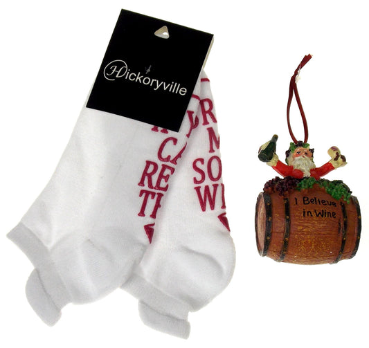 Santa On Barrel Ornament Bundled with Bring Me Some Wine Socks