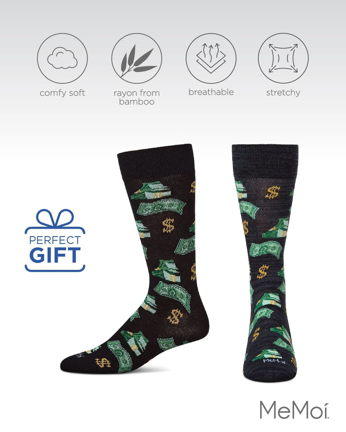 MeMoi Money Bags Cash Print Bamboo Blend Men's Crew Socks - Mens - Male, 10-13, Navy Blazer