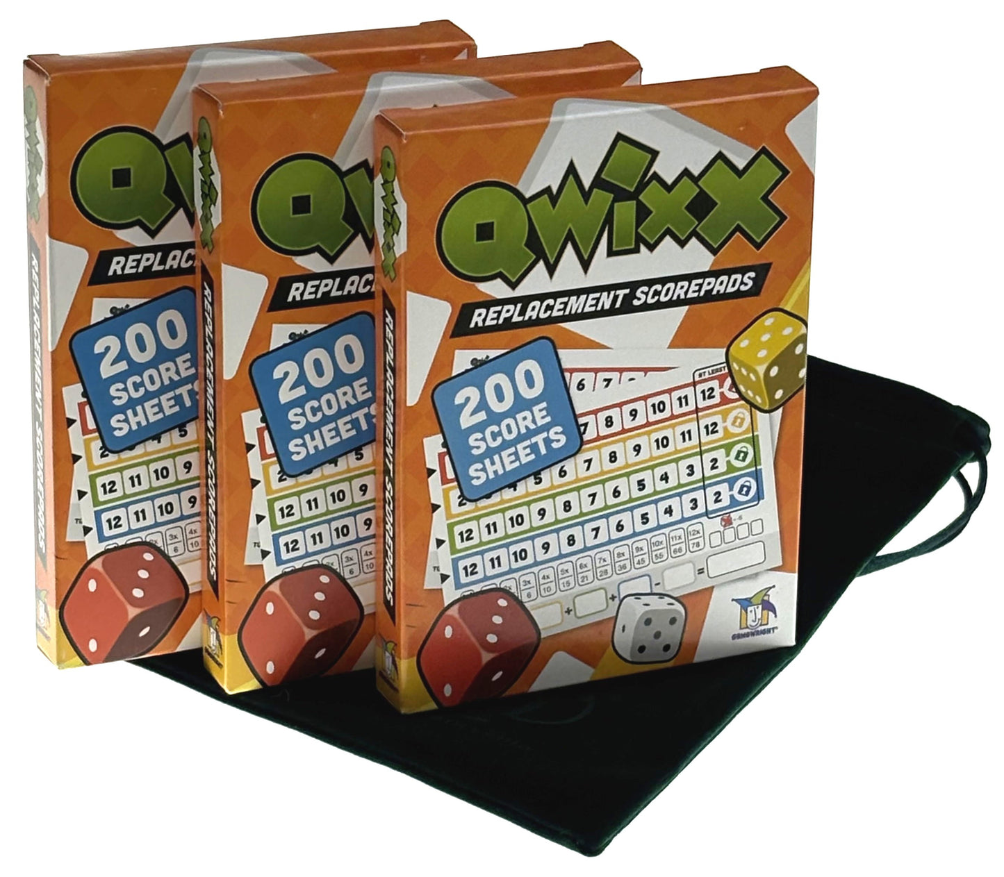 QWIXX Original 3 Replacement Score Pad Boxes Bundle (in Color) - 600 Score Sheets (Score Cards) - Bonus Forest Green Velour Storage Bag