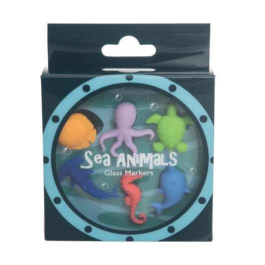 Silicone Fish Shark Octopus Seahorse Narwhal Sea Animals Decorative Drinking Glass Marker Charms, Assortment of 6