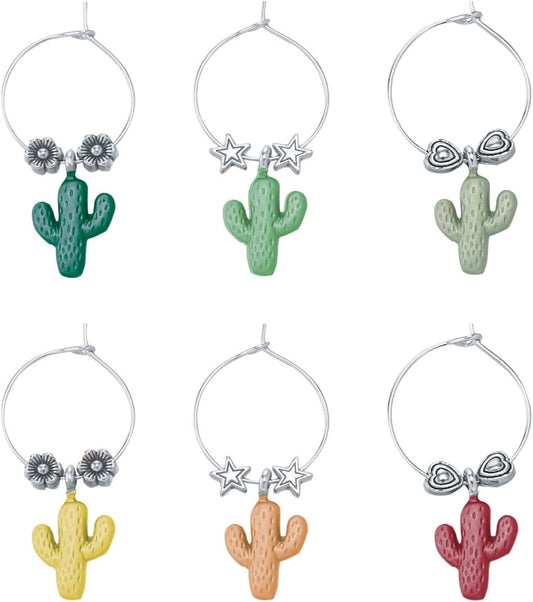 Wine Things Cactus, Painted Wine Charms, Fits neatly around stem, Multicolor